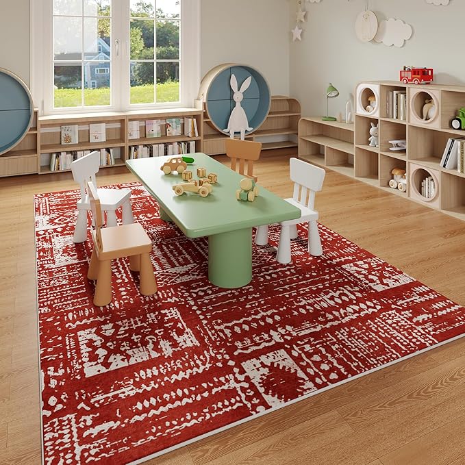 Rugcomf Area Rugs 8x10 Rug for Living Room Clearance Washable Boho Area Rug Non Slip Moroccan Vintage Low Pile Large Rug for Living Room, Bedroom, Farmhouse, Dining Room, Kids Playroom(Terracotta)