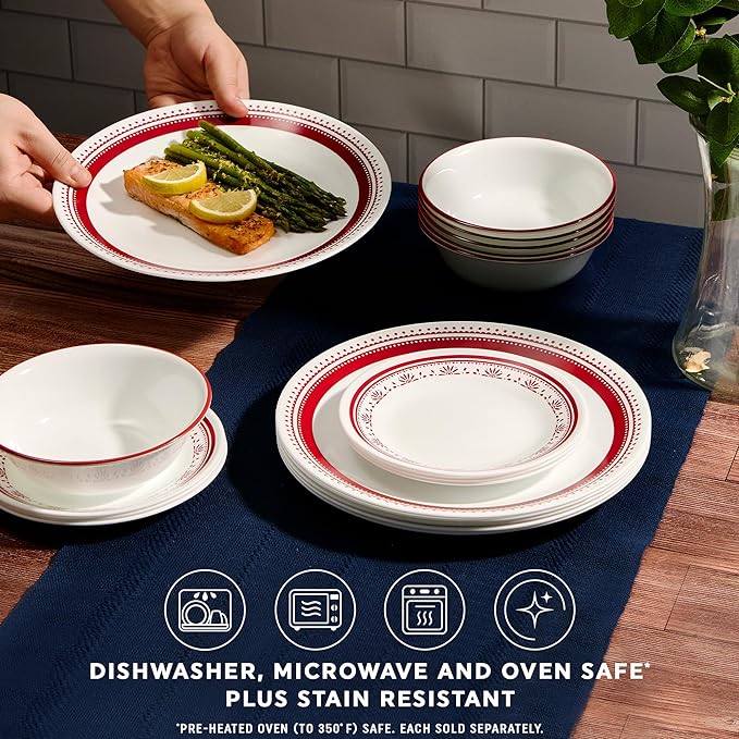Corelle Everyday 18-PC Dinnerware Set Service for 6, Durable and Eco-Friendly, Higher Rim Glass Plate & Bowl Set, Microwave and Dishwasher Safe, Sadie