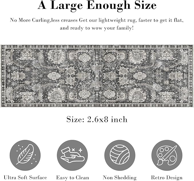 RUGSURE Washable Area Rugs - Perfect for Living Room, Bedroom, Kids Room, Nursery - Stain & Water Resistant Non-Slip, Pet & Child Friendly, Vintage Tribal Area Rugs (Grey, 2'6'' x 8')