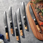 SENKEN Damascus Steak Knife Set - Black Tsunami Collection - 67-Layer Japanese VG10 Steel - Razor Sharp Non-Serrated Blades, Black Resin & Burl Wood Handles, Luxury Gift Box