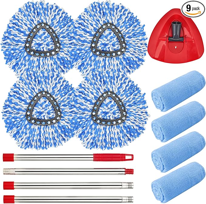 Matthew Spin Mop Replacement Kit - 4 Refill Heads, 30-58in Handle & Base Combo Set (Blue, 1-Tank System)