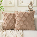 Set of 2 Soft Moroccan Throw Pillow Covers 18x18 Inch Plush Boho Decorative Pillow Cover Accent Cushion Case for Couch Sofa Bed, Light Brown