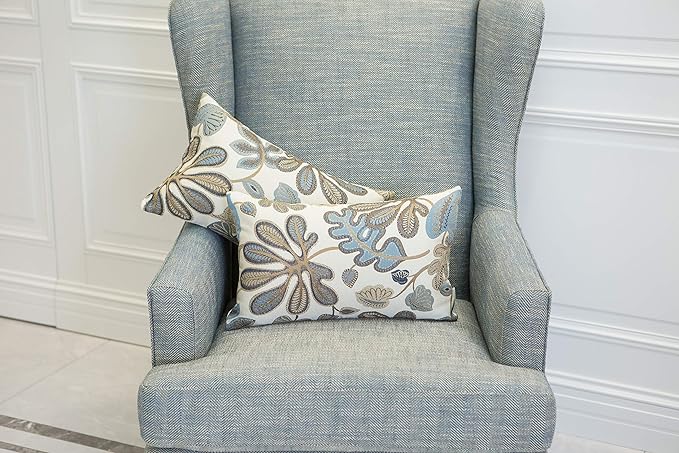 Mika Home Set of 2 Jacquard Tropical Leaf Pattern Oblong Throw Pillow Covers Accent Pillowcase 12X20 Inches,Blue Cream