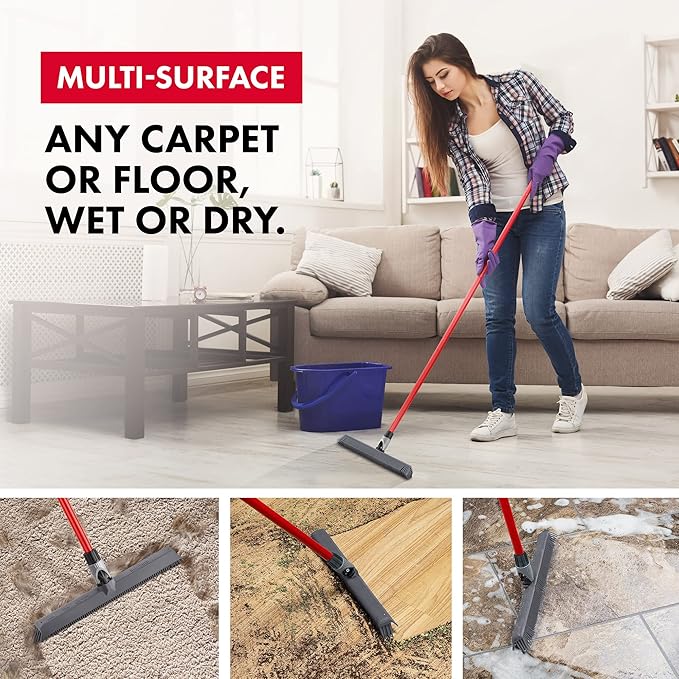 2-in-1 Silicone Rubber Broom Carpet Rake and Squeegee - Swivel Pet Hair Removal Broom with Long Handle - Slanted Side Bristles for Corners - Multipurpose Rubber Broom for Carpet, Hardwood Floor, Tile