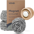 Vove Magnetic Scourer, Stainless Steel Scrubber with FSC-Certified Bamboo Handle, 3 Replacement Pads, Neodymium Magnet, for Cast Iron, Pots & Pans, Griddles, Grills, Plastic-Free Eco-Friendly Cleaner