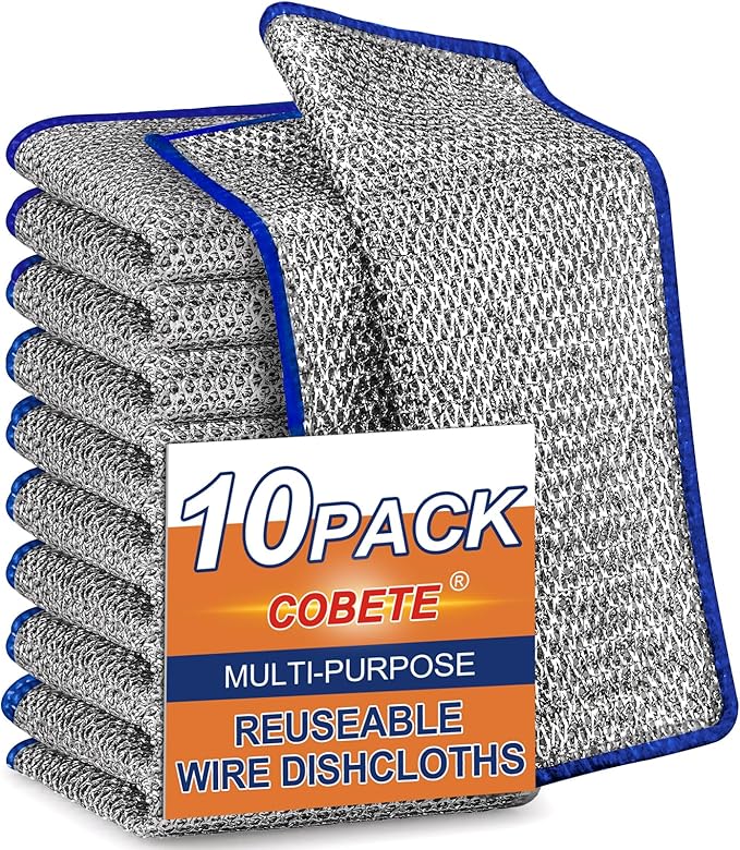 COBETE Non Scratch Wire Dishcloth,Double-Layer Wire Dishwashing Rags for Wet and Dry,Wire Miracle Cleaning Towels and dish Cloths Multipurpose For Washing Dishes,Cookware, Sinks,Stove Tops,10Pack Blue