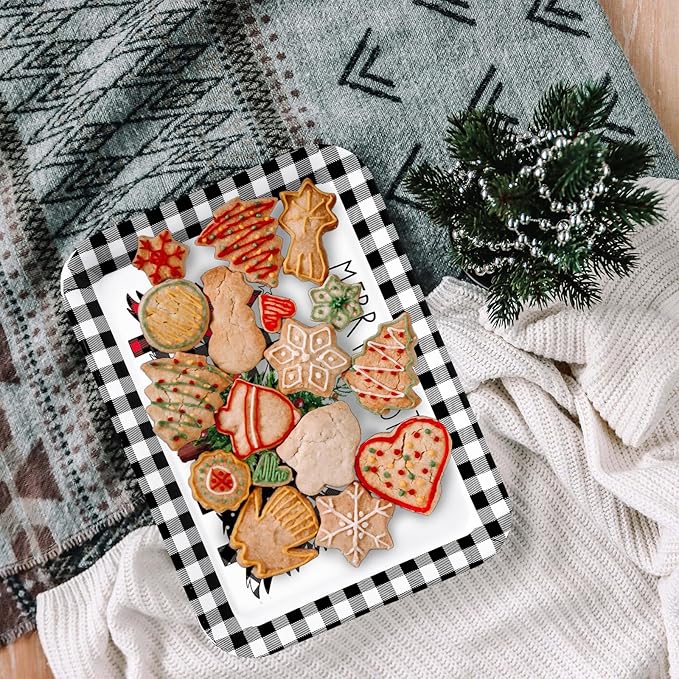 3Pcs Christmas Serving Trays Black and White Plaid Xmas Tree Platter Rustic Serving Dishes for Holiday Party Sharing Snacks Fruit Dessert Candy