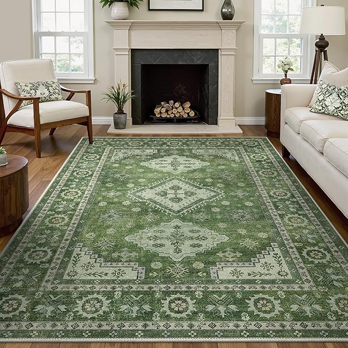 GENIMO Washable Rug 6X9 Area Rugs for Living Room Bedroom, Machine Washable Area Rug, Print Vintage Tribal Aesthetic Carpet, Low Pile Mat with Non Slip Rubber Backing, Distressed Green