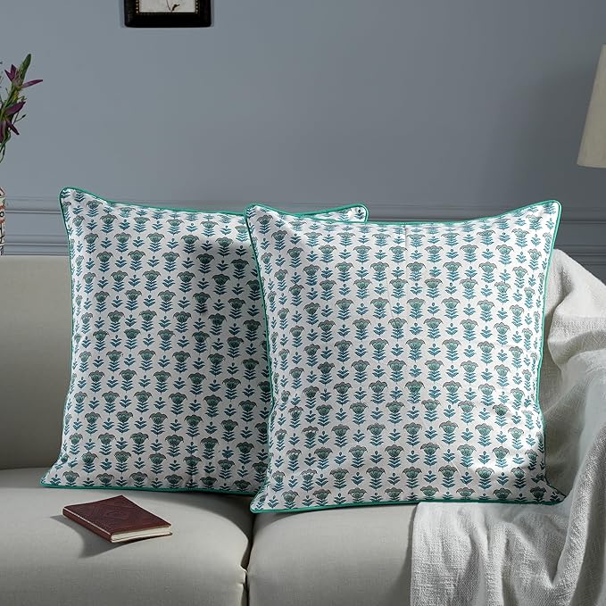 Ridhi Modern Farmhouse Pillow Covers Decorative Cotton Throw Pillow Covers Set of 2 Aquamarine Blue Cushion Covers for Boho Couch Sofa Bed Living Room Spring Home Decor 20x20
