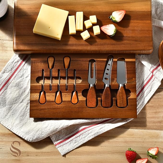 Shanik Large Acacia Wood Charcuterie Board Set – Includes 3 Removable Ceramic Bowls & Serving Utensils, Elegant Entertaining Gift for Any Occasion