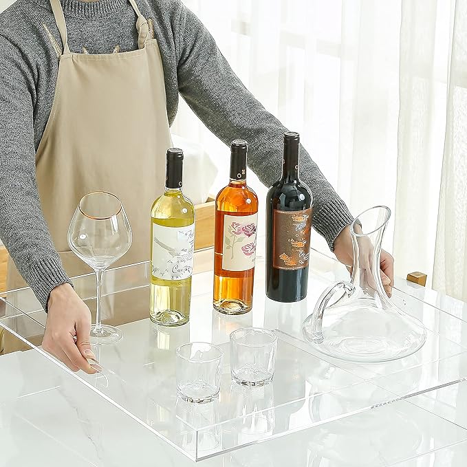 Oversize Extra Large King Size Bed Tray for Eating Big Clear Acrylic Serving Tray with Handles 24x24 Inch -Spill Proof- Decorative Countertop Organizer for Ottoman,Bed,Party, Butler Tray