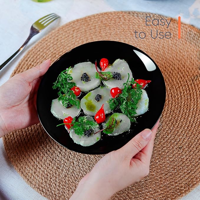 7.5 inch Appetizer Plate Set of 6, Lightweight Opal Glass Round Black Salad Plates for Dessert Kitchen, Dishwasher and Microwave Safe