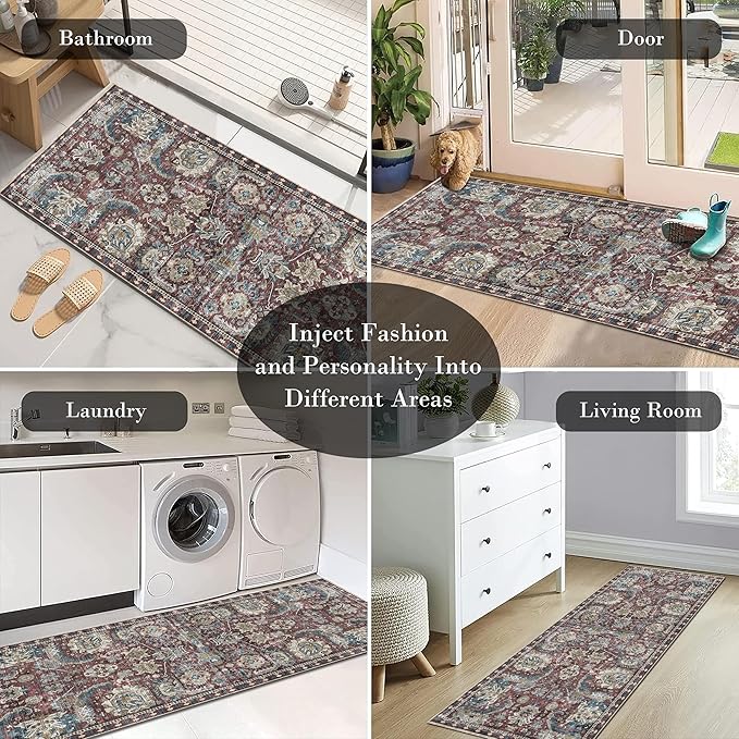 RUGSURE Washable Area Rugs - Perfect for Living Room, Bedroom, Kids Room, Nursery - Stain & Water Resistant Non-Slip, Pet & Child Friendly, Vintage Tribal Area Rugs (Rust and Bule, 2'6'' x 8')