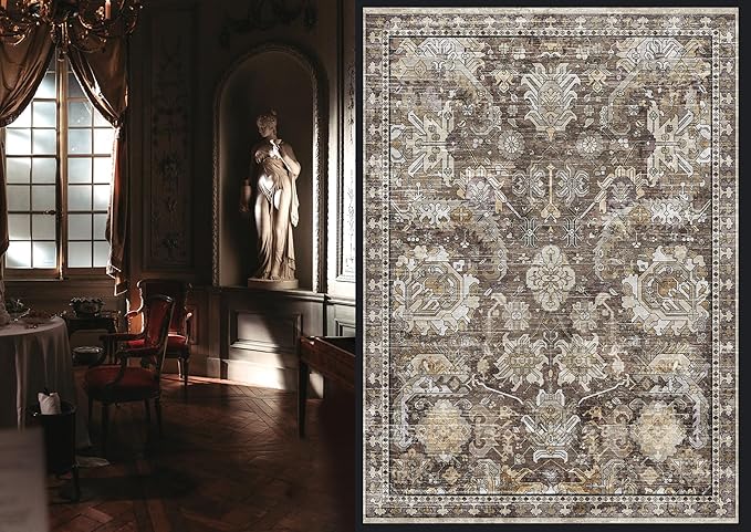 RUGSURE Washable Area Rugs - Perfect for Living Room, Bedroom, Kids Room, Nursery - Stain & Water Resistant Non-Slip, Pet & Child Friendly, Vintage Tribal Area Rugs (Ivory, 4' x 6')