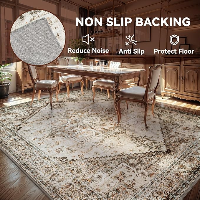 Beige Washable 8x10 Area Rugs for Living Room Rug Bedroom Rug-Carpet Neutral Dining Room Rugs for Under Table Soft Comfortable Non Slip Vintage Oriental Medallion Design