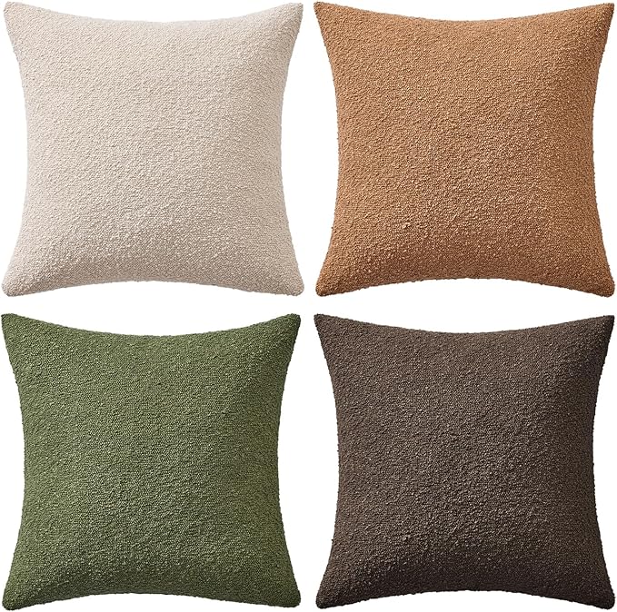 MIULEE Pack of 4 Decorative Textured Boucle Throw Pillow Covers 18x18 Inch Green Brown Accent Solid Pillow Cases Soft Couch Cushion Covers Modern Farmhouse Boho Chair Sofa Bed Livingroom Home Decor