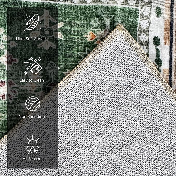 Vintage 6' x 9' Washable Area Rug - Stylish Indoor Rug for Living, Dining or Bedroom - Lightweight Carpet with Non-Slip Backing - Foldable for Easy Placement and Maintenance - Green