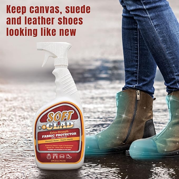 Extra Strength Fabric Protector Spray Prevents Stains and Repels Liquids. SoftClad Guards Furniture, Shoes, Carpet, Upholstery, Suede, Leather, Couch. Safe for Indoor Use. PFAS Free Formula 32oz