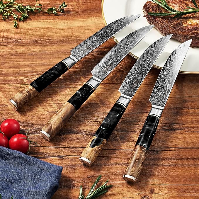 SENKEN Damascus Steak Knife Set - Black Tsunami Collection - 67-Layer Japanese VG10 Steel - Razor Sharp Non-Serrated Blades, Black Resin & Burl Wood Handles, Luxury Gift Box