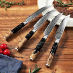 SENKEN Damascus Steak Knife Set - Black Tsunami Collection - 67-Layer Japanese VG10 Steel - Razor Sharp Non-Serrated Blades, Black Resin & Burl Wood Handles, Luxury Gift Box
