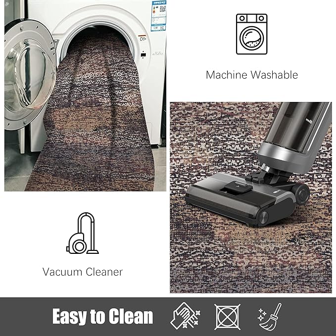 RUGSURE Washable Area Rug - 1/6" Thick Low Pile - Stain & Water Resistant Non-Slip Backing - Pet & Child Friendly Vintage Abstract Design in Multi-Tone Rust Brown, Blue & Beige (3' x 5')