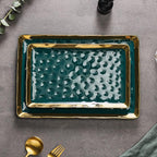 Stone Lain Florian Porcelain Large and Medium Rectangle Service Platters, Green with Gold Rim