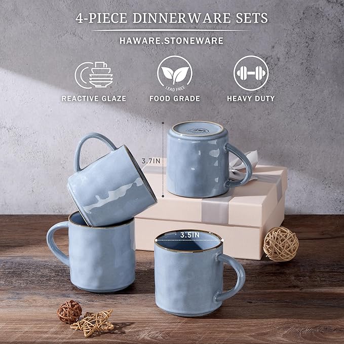 HaWare 14OZ Coffee Mugs Set of 4, Stoneware Coffee Cups with Handle, Latte Mug for Man, Woman, Dad, Mom, Modern Tea Mugs for Latte/Cappuccino/Cocoa/Milk, Dishwasher& Microwave Safe, Reactive Blue