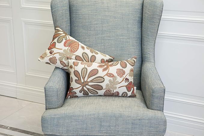 Mika Home Set of 2 Jacquard Tropical Leaf Pattern Oblong Throw Pillow Covers Accent Pillowcase 12X20 Inches,Coral Cream