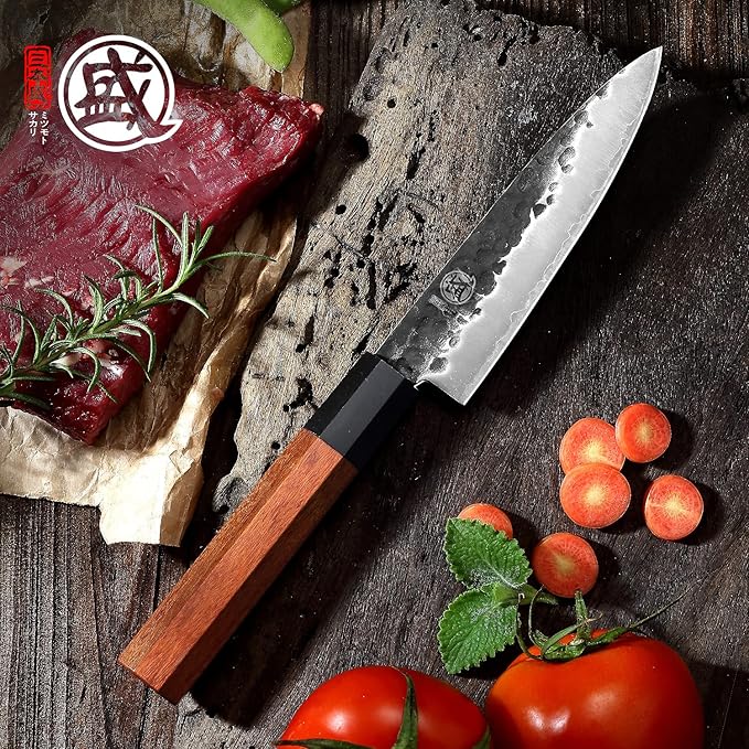 MITSUMOTO SAKARI Paring Chef Knife 5.5 inch - Hand Forged Japanese Fruit and Vegetable Knives, 3-Layer 9CR18MOV High Carbon Steel, Rosewood Handle & Sandalwood Box