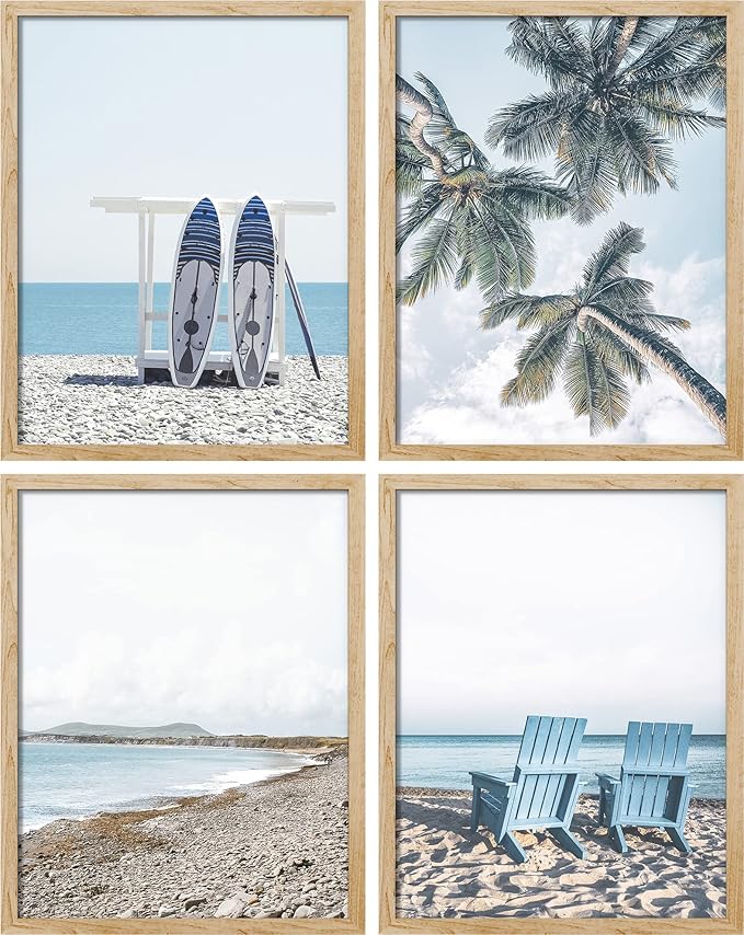 SIGNWIN Poster Bathroom Decor 8"x10"x 4, Wall Art Room Decor Multicolor for Living Room, Bedroom, Office White Surfboard Tropical Palm Tree Beach Shore Nature Wilderness Realism Landscape Colorful