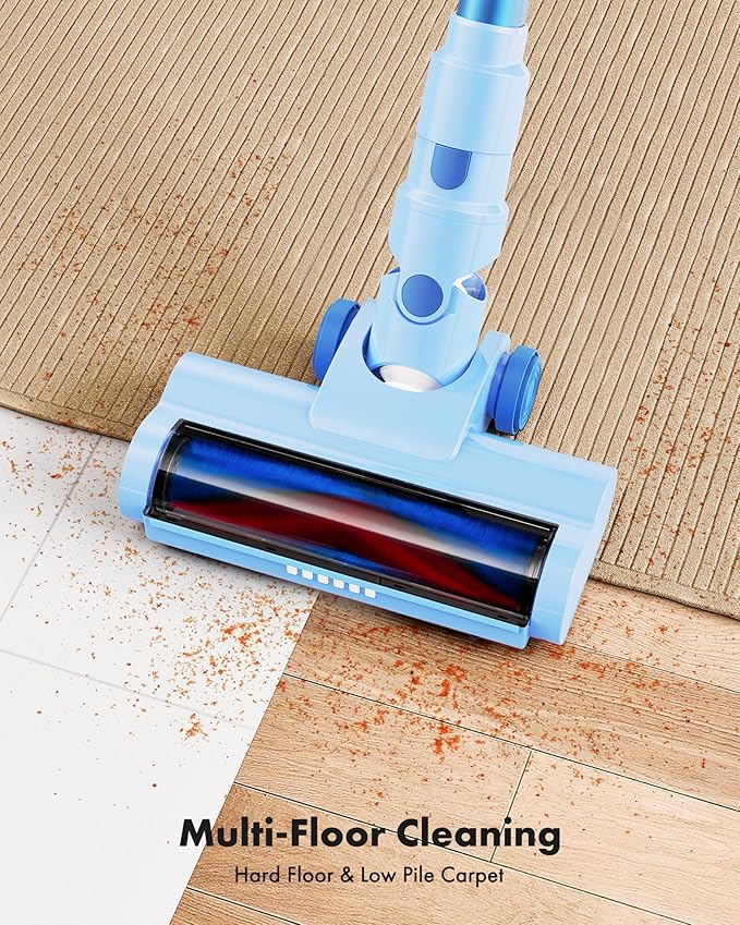 Cordless Vacuum Cleaner, 8-in-1 Lightweight Stick Vacuum with 45mins Runtime, Powerful Suction, Rechargeable Cordless Vacuum for Carpet, Tile, Pet Hair, Hardwood Floors, Blue