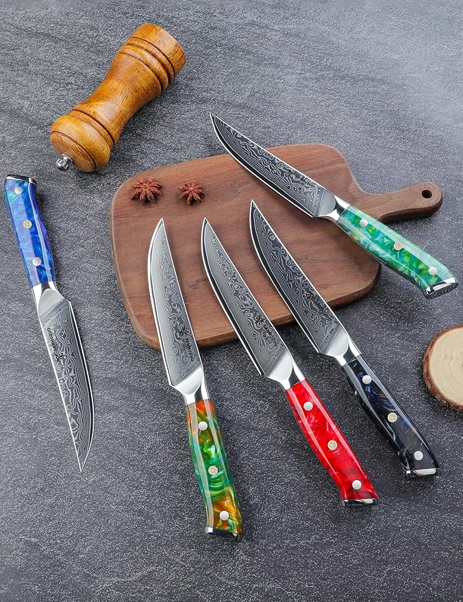Steak Knives Set of 4, Ultra Sharp Non Serrated Kitchen Steak Knife 5 Inch - Damascus Steel & Resin Handle - Xuan Series(Jade Green)