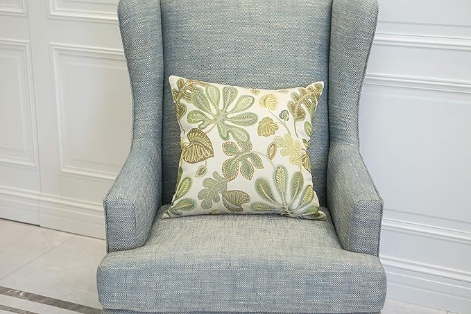 Mika Home Set of 2 Jacquard Tropical Leaf Pattern Throw Pillow Covers Decorative Pillowcase 22X22 Inches,Green Cream