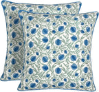 Ridhi Queen Blue Block Print Preppy Grandmillennial Pillow Cover Set of 2-20" x 20" Throw Pillow for Home White Floral Pillow Cover Grandmillennial Home Decor Thanksgiving