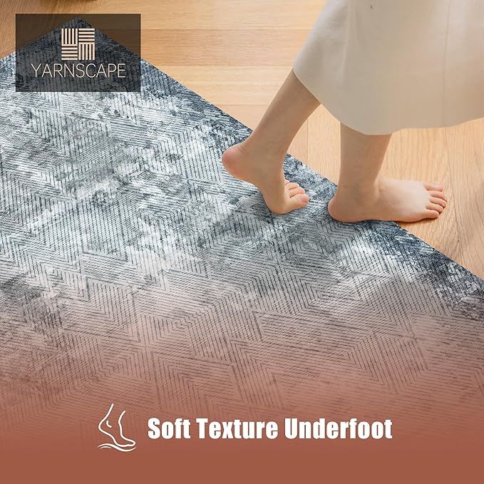 9' x 12' Washable Area Rug - Low Pile Soft Vintage Indoor Rug for Living, Dining or Bedroom - Lightweight Carpet with Non-Slip Backing - Foldable for Easy Placement, Blue