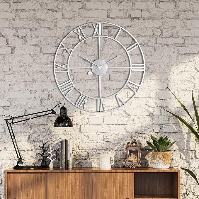 1st owned Large Wall Clock, Metal Retro Roman Numeral Clock, Modern Round Wall Clocks Almost Silent, Easy to Read for Living Room/Home/Kitchen/Bedroom/Office/School Decor (Silver, 18.5 Inch)