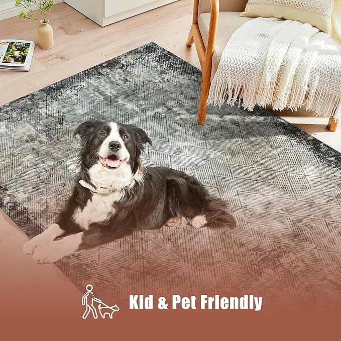 4' x 6' Washable Area Rug - Low Pile Soft Vintage Indoor Rug for Living, Dining or Bedroom - Lightweight Carpet with Non-Slip Backing - Foldable for Easy Placement, Blackish