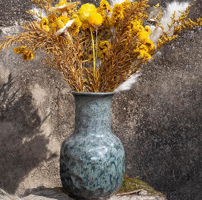 Rustic Pottery Ceramic Vase - Vintage Farmhouse Style Decor, White Grid Ceramic Vases for Home Decor, Modern Farmhouse Decor (Blue and green)