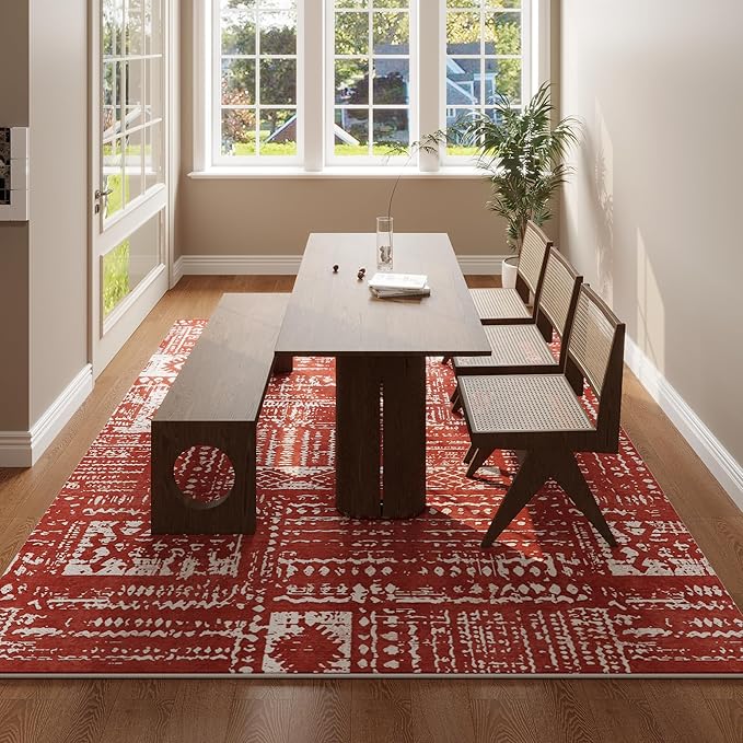 Rugcomf Area Rugs 8x10 Rug for Living Room Clearance Washable Boho Area Rug Non Slip Moroccan Vintage Low Pile Large Rug for Living Room, Bedroom, Farmhouse, Dining Room, Kids Playroom(Terracotta)