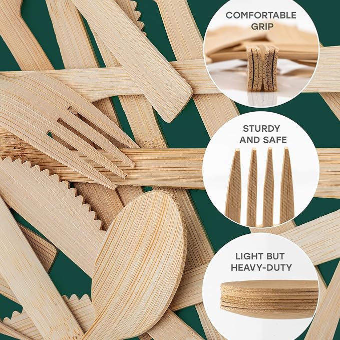 100% Bamboo Utensils - 400 Carbonized Knives Disposable Cutlery Biodegradable and Sanitized - Heavy Duty & Fully Functional