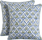 Ridhi Light Steel Blue Block Print Cotton Throw Pillow Covers for Decorative Couch Pillows for Living Room, Chic Boho Cute Outdoor Valentine Pillows Covers Gifts 16x16 Inches