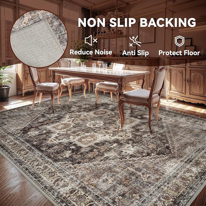Brown Rugs for Living Room 8x10 Area Rug Soft Living Room Carpet-Rugs for Bedroom Machine Washable Rug Vintage Oriental Floral Dining Room Rug Non Slip