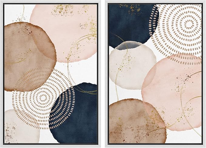 SIGNFORD Framed Wall Art Print Set Pastel Watercolor Vibrant Circle Collage Abstract Shapes Illustrations Modern Minimalist Relax/Calm Multicolor for Living Room, Bedroom, Office - 16"x24"x2 White