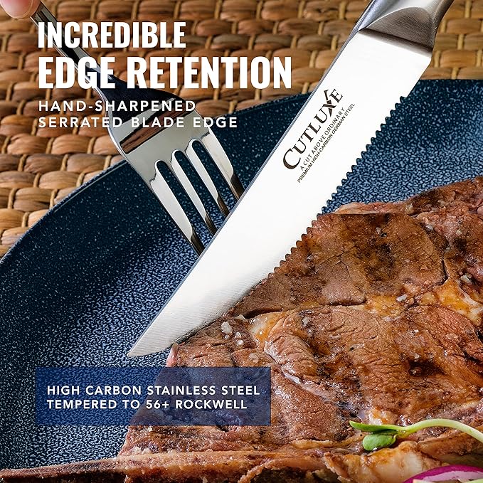 Cutluxe Steak Knives Set of 6, Serrated Steak Knives – Forged High Carbon German Steel, Full Tang, Ergonomic Handle Design – Artisan Series