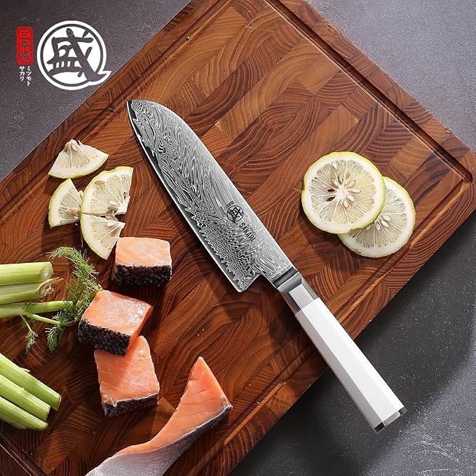 MITSUMOTO SAKARI Japanese Santoku Chef Knife, 8 Inch Kitchen Knife - Razor Sharp VG-Pro Steel Core, Precision Cutting for Meat & Veggies, Comfort Grip Ergonomic G10 Handle