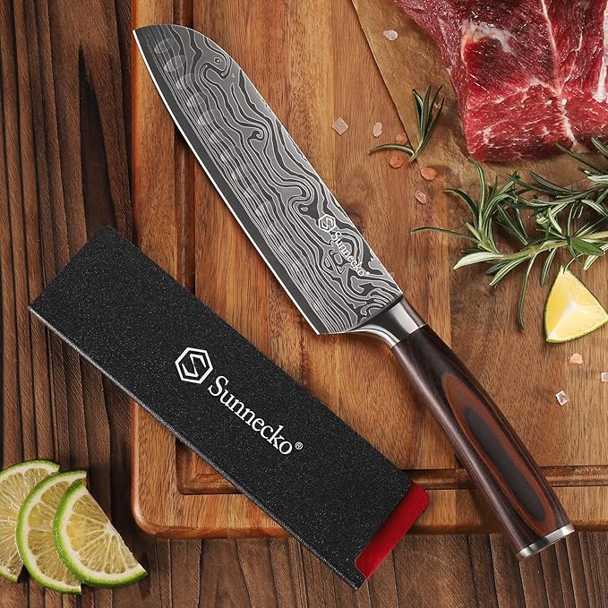 Sunnecko Chef Knife Sharp Santoku Knife 7 Inch, High Carbon Stainless Steel Chopping Knife Vegetables, Cooking Knife with Wood Handle, Gifts for Men and Women
