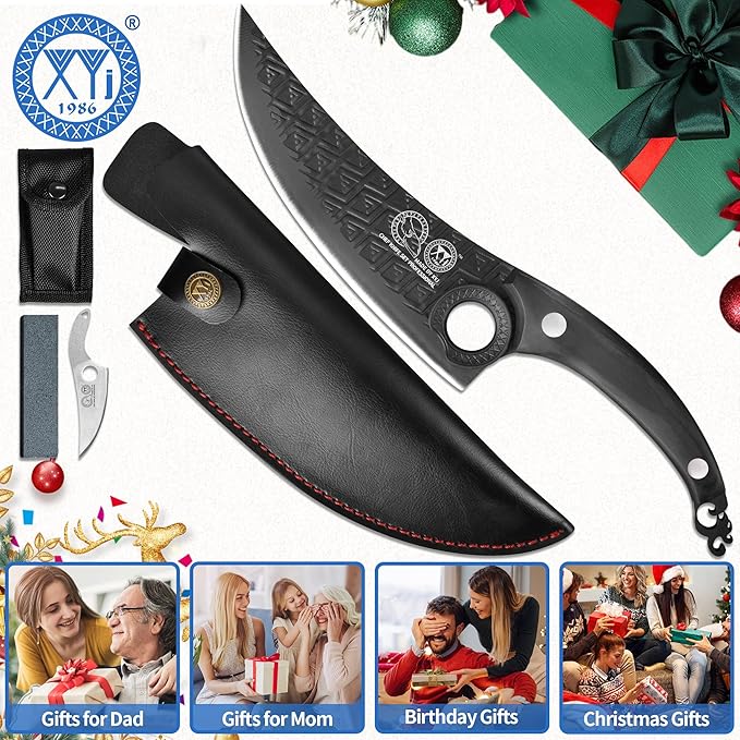 XYJ Authentic Since 1986, FULL TANG 8 Inch Boning Knife With Sheath, Stainless Steel Deboning Meat Cleaver for Meat Cutting, Vegetable Kitchen Knife for Outdoor Camping