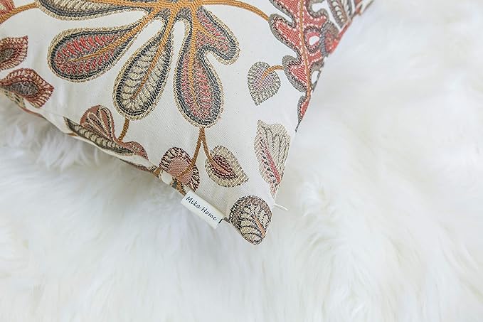 Mika Home Set of 2 Jacquard Tropical Leaf Pattern Throw Pillow Covers Decorative Pillowcase 22X22 Inches,Coral Cream