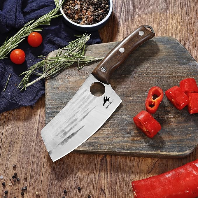 Nakiri Knife, 5.5" - High Carbon Stainless Steel Blade Usuba-Knive, for Cooking, Chopping, Full Tang, Ergonomic Ash Wood Handles, with Leather Sheath