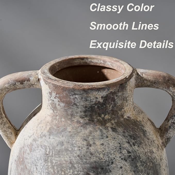 9.84 Inch Ceramic Vase with Handles, Tuscan Decor Antique Terracotta Vase, Rustic Decorative Flower Vase for Home Decor, Farmhouse, Living Room, Table, Bedroom, Office, Entrance- Gray